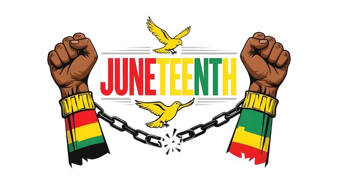 Juneteenth celebration emblem with fist and chain breaking