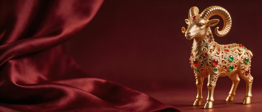 Eid al-Adha greeting banner concept. Luxury golden ram figurine adorned with gemstones on elegant dark red silk background with large copy space