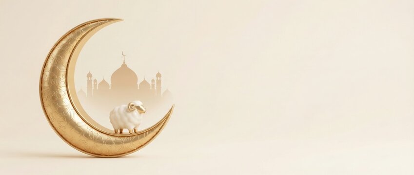 Premium Eid al-Adha backdrop background banner. 3D minimalist golden crescent moon, white sheep, and mosque silhouette on elegant beige background with copy space.