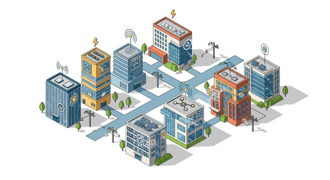 Isometric Smart City Illustration with Renewable Energy Solar Panels, IoT Connectivity, and Sustainable Urban Infrastructure Vector Art
