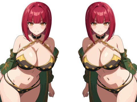 金と黒のビキニと緑のジャケットを着た、赤い髪の美しい双子のアニメの女の子 (Beautiful Twin Anime Girls with Red Hair wearing Gold and Black Bikinis and Green Jackets)