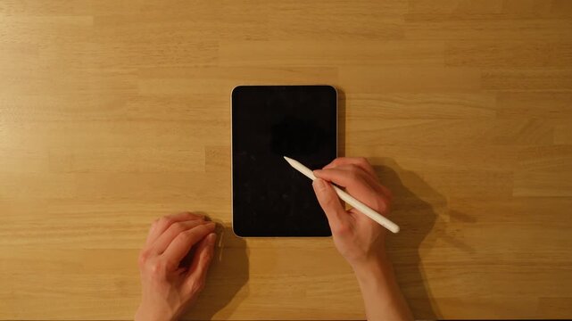 タブレットとペンシルで描画するクリエイターの手元 俯瞰 デジタルアート / Top view of hands drawing on tablet with stylus on wooden table, digital art and design concept