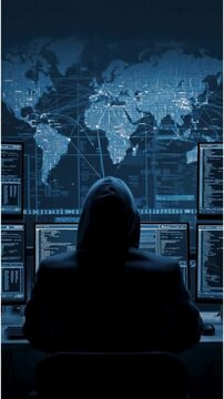 Silhouetted hacker wearing a hoodie sits in front of multiple computer monitors displaying code and a global network map, symbolizing cybercrime and data breaches.