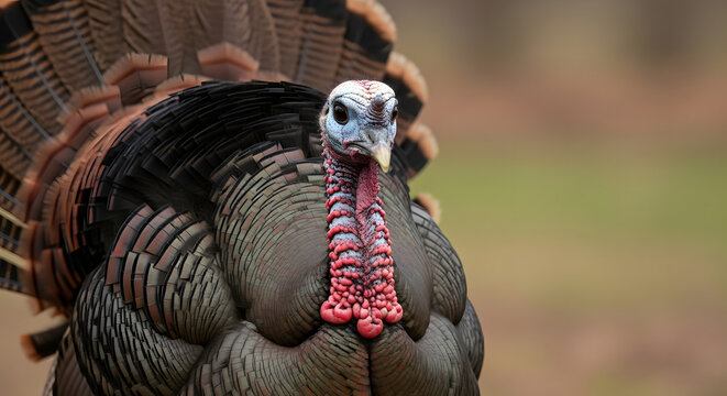 A close-up portrait of a wild turkey in its natural habitat