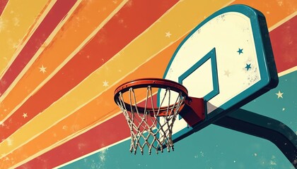 Naklejka premium Basketball hoop with backboard and net on colorful retro striped background with stars. Sport equipment design art with vintage grunge texture style.
