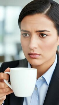 Professional businesswoman unable to detect any smell, from her warm odorless beverage, experiencing sudden medical anosmia, a challenging sensory deficit, a significant health concern