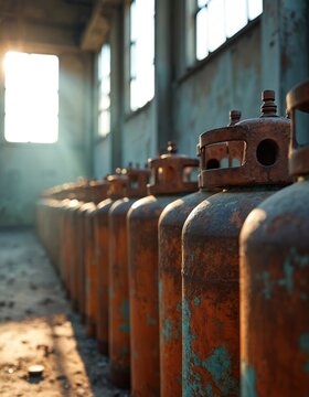 Row of old rusty gas cylinders in abandoned industrial building. Sunlight streams through windows onto weathered metal containers. Dusty, corroded, vintage storage tanks in a derelict factory.