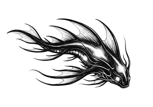 Intricate black and white illustration of a mythical sea creature with sharp fins and glowing eyes
