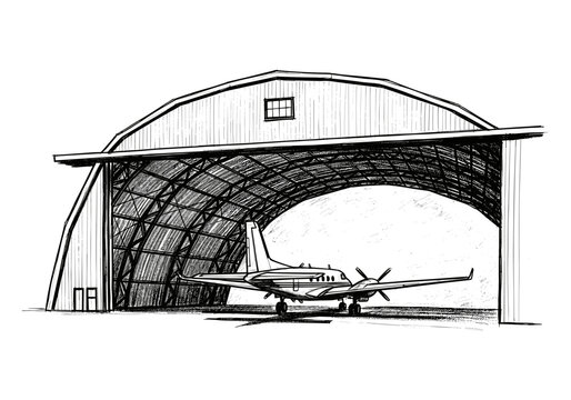 Sketch of a twin-engine airplane parked inside a large, arched aircraft hangar