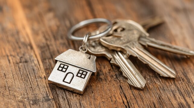 Keys with a house-shaped charm sat on a wooden table. Real estate help is available.