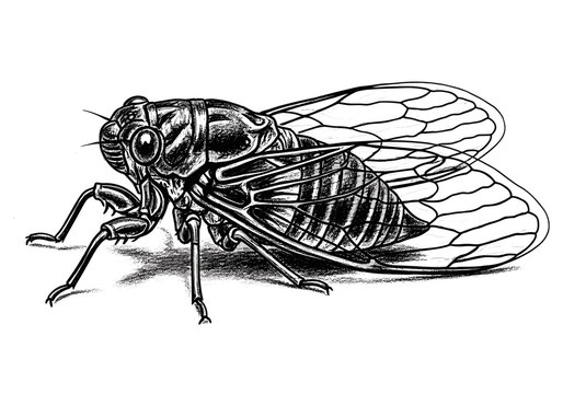 Detailed black and white illustration of a cicada insect with intricate wings and body details