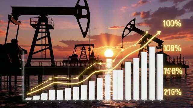 Oil pump jacks silhouette against dramatic sunset sky with rising financial growth bar chart and glowing market trend lines