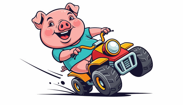 Joyful pig riding an all-terrain vehicle with a big smile, illustration