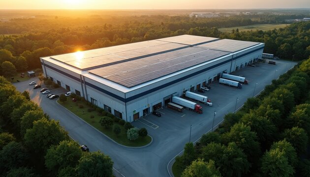 Large modern warehouse facility with solar panels on roof. Trucks are loading and unloading goods at dock doors. Site is surrounded by green trees and fields.