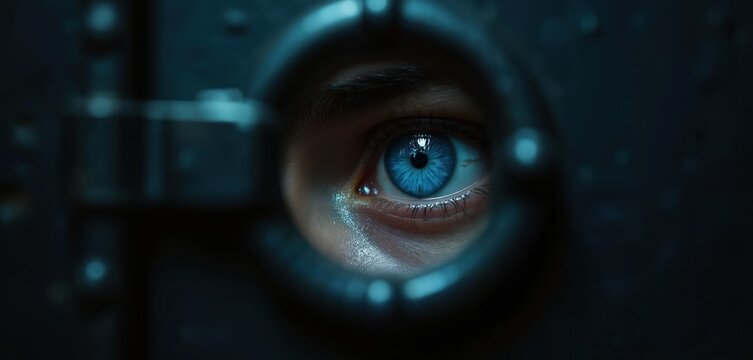 Close up human blue eye looks through dark keyhole. Concept of spying curiosity secrecy and privacy. Human vision observing hidden threat or mystery.