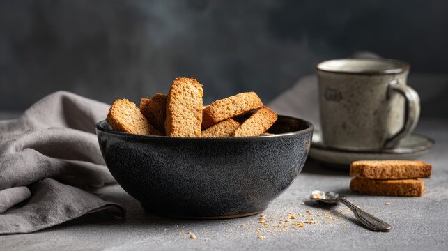 Crunchy rusks rested in a bowl upon a gray table.