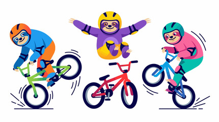 Fototapeta premium Adorable cartoon sloths engage in thrilling BMX bike stunts, showcasing their agility and love for extreme sports in a lively and dynamic illustration