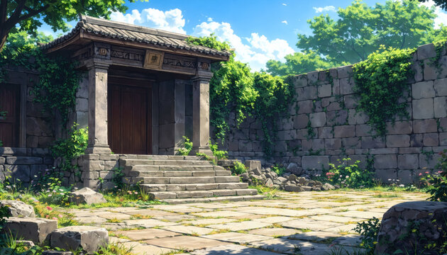Sunlit Ancient Stone Gate Courtyard with Ivy Covered Walls and Ruins