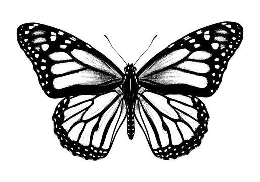 Monarch butterfly detailed black and white illustration isolated on white background