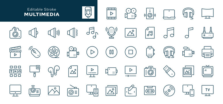 Multimedia. Set of outline icons. TV, photo and video camera, content creation, film, video, image, music, device, audiovisual equipment and more.  Line icon in linear style. Vector collection	