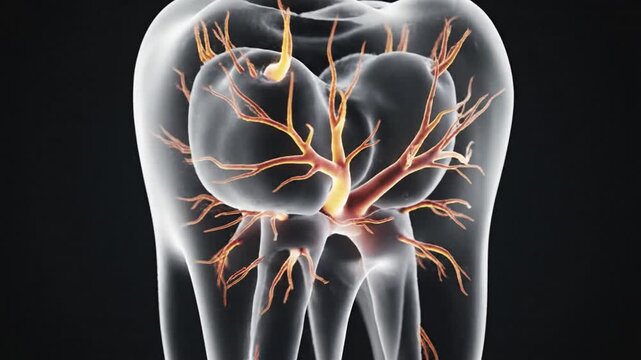Detailed anatomical illustration of a human tooth with nerves and blood vessels.