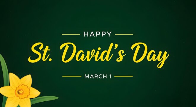 St davids day greeting card with yellow daffodil on dark green background