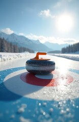 Curling stone rests on ice target circles in sunny winter mountains. Outdoor winter sport game on frozen lake, cold fresh air, snowy landscape backdrop. Ready for competition.