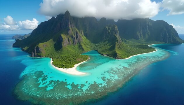 Moorea island aerial view, rich green volcanic peaks meet clear turquoise water. White sand beach curves along blue ocean lagoon, coral reef visible below. Tropical island paradise, calm sea, sky.