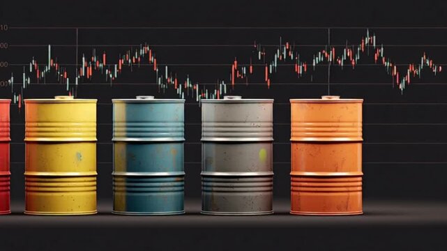 Row of Multi-Colored Oil Barrels with Trading Chart Elements, Crude Oil and Petroleum Market Visualization, Modern Financial Editorial Concept Showing Price Trends, Energy Sector and Global Trade