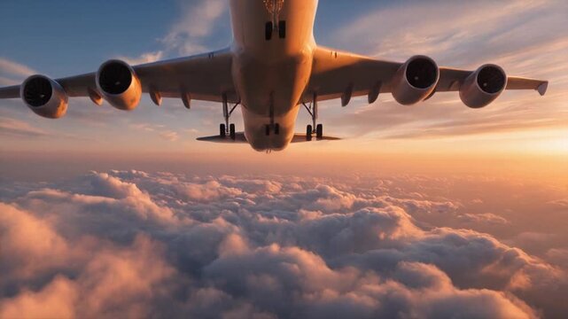 Commercial passenger airplane soaring above beautiful fluffy clouds during a golden sunset, symbolizing air travel, adventure, and freedom.