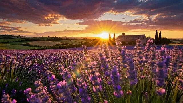 Blooming lavender field at sunset, a traditional stone farmhouse nestled among cypress trees in the background. Sunburst bathes the vibrant purple rows in golden light. Perfect for travel, nature,