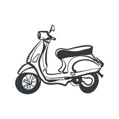 Fototapeta premium Vector linear illustration of a moped, Vespa, or scooter in black. Outline clip art of a moped on a white background. Italian Vespa