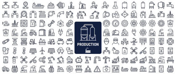 Industrial production and manufacturing process line icons collection