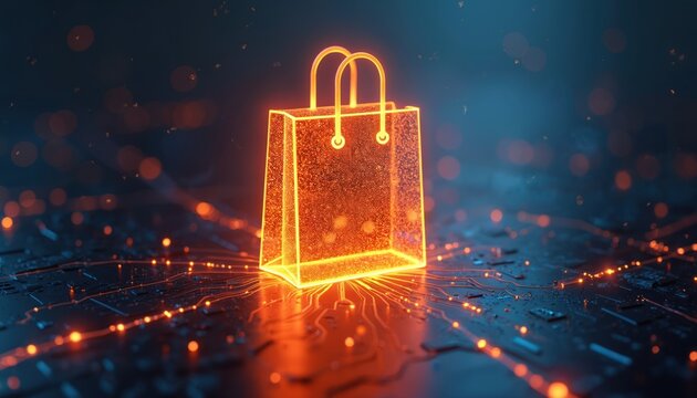 Glowing shopping bag visualizes digital commerce. Futuristic online retail interface with abstract data streams, circuit board connections. Represents virtual marketplace innovation, e-commerce