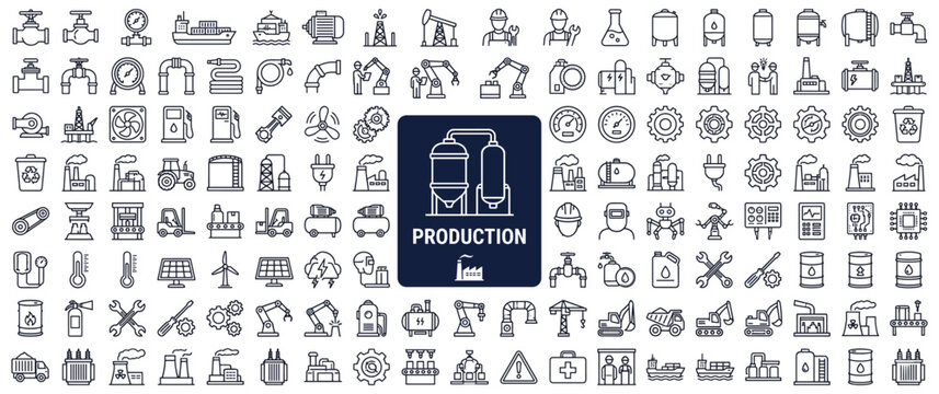 Industrial production and manufacturing process line icons collection