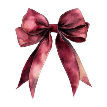 Watercolor Burgundy Silk Ribbon Bow Vector Illustration Isolated on White Background