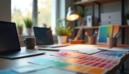 Naklejka premium Designer desk with laptops color swatches and art supplies. Creative workspace with lamp and plants offers inspiration for digital art projects. Home office setup for artists graphic designers.