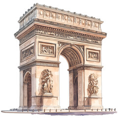 Obraz premium Arc de Triomphe Paris France Watercolor Illustration, Famous French Landmark and Gothic Architecture Clipart on White Background