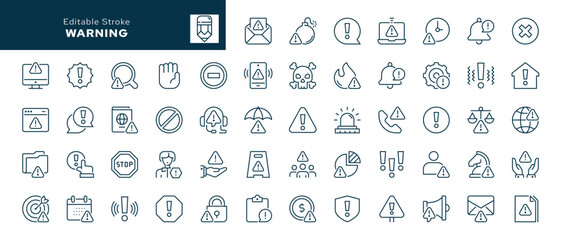 Warning. Set of outline icons. Warning exclamation mark, attention, danger, notice, stop, risk and more. Line icon in linear style. Vector collection