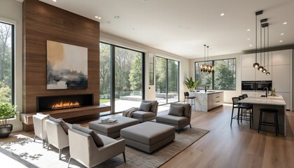 Open concept living room and kitchen feature modern decor with fireplace island seating and large windows. Contemporary home interior displays elegant design for luxury residential space.