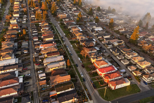 Aerial View of Suburban Neighborhood at Golden Hour in Burnaby Vancouver BC Canada