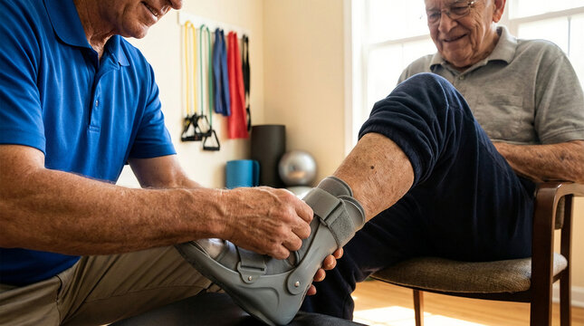 Doctor fitting orthopedic walking boot on elderly patient