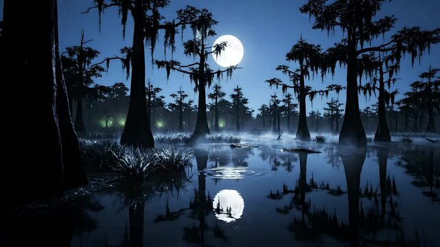 Full moon illuminates a mysterious nocturnal swamp with cypress trees, Spanish moss, and alligators lurking in misty waters. Ideal for Halloween, horror, fantasy, nature, or southern travel content.