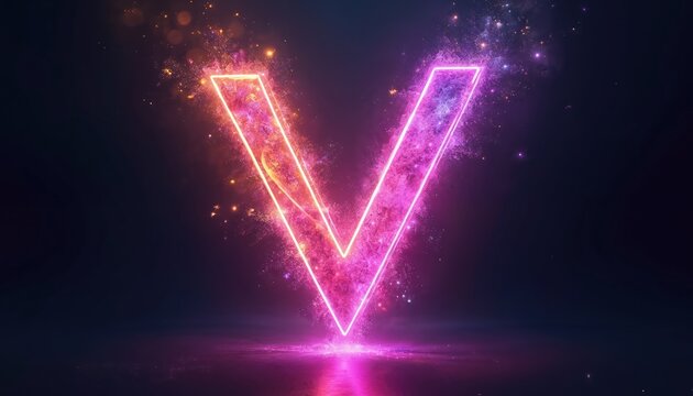 Glowing neon letter V in pink and orange light. Sparkles and dust particles fly around the bright symbol. Dark background with abstract futuristic energy.