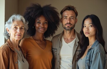 Fototapeta premium Four adults diverse in age and ethnicity stand together indoors. They look seriously forward with calm expressions. The group appears united in purpose and confidence.