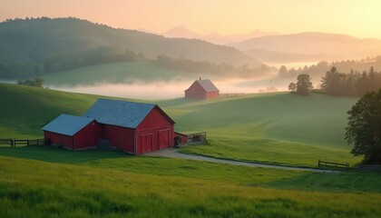 Obraz premium Red barns sit on rolling green hills. Morning mist covers the landscape with soft light. Mountains fade into the distance under a hazy sky. Peaceful rural countryside scene.