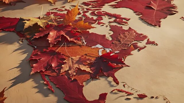 Detailed world map crafted from colorful autumn leaves on paper, zooming into the vibrant North American continent. Perfect for fall season travel, environmental education, or natural art themes.