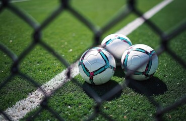 Fototapeta premium Three white soccer balls rest on artificial green turf beside white line. Black chain-link fence visible in foreground, creating diamond mesh pattern. Scene suggests sports field ready for play,