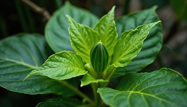 Green Abelmoschus manihot leaves with central bud. Also known as gedi leaf pepaya jepang, plant many health benefits, used in traditional herbal medicine. Grows in gardens, edible leaves.