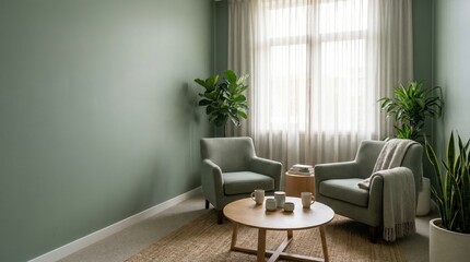 Obraz premium Cozy counseling room interior with armchair and potted indoor plant in sage green tones. Calm environment for psychotherapy session. Comfortable space for mental health and relaxation.